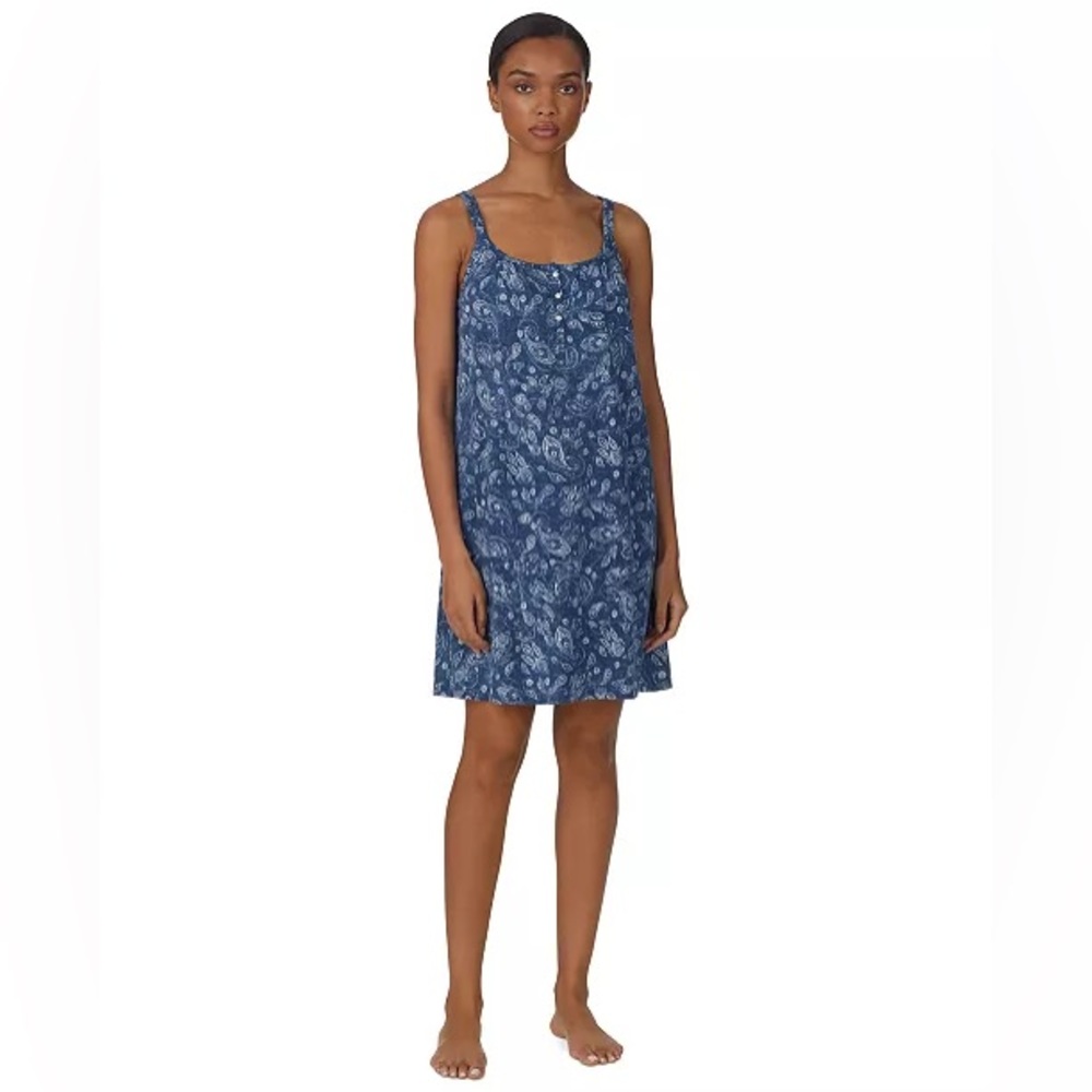 Ralph Lauren Short Strappy Night Gown Blue Paisley Size Small